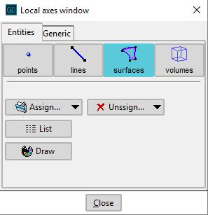 The Local axes window to assign local axes into entities
